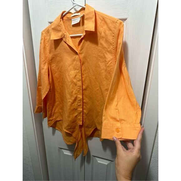 Chico's Womens Blouse Linen Button Down Quarter Sleeve Tie Knot Orange Size 0 sm - Picture 3 of 11